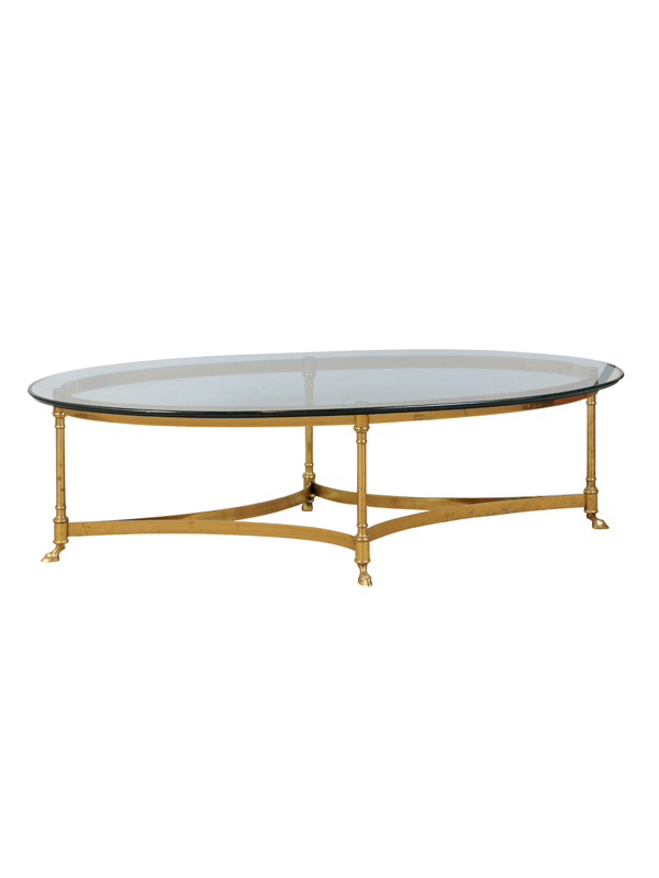 Brass Glass Coffee Table With Hoof Feet Oval Shaped Top 20th